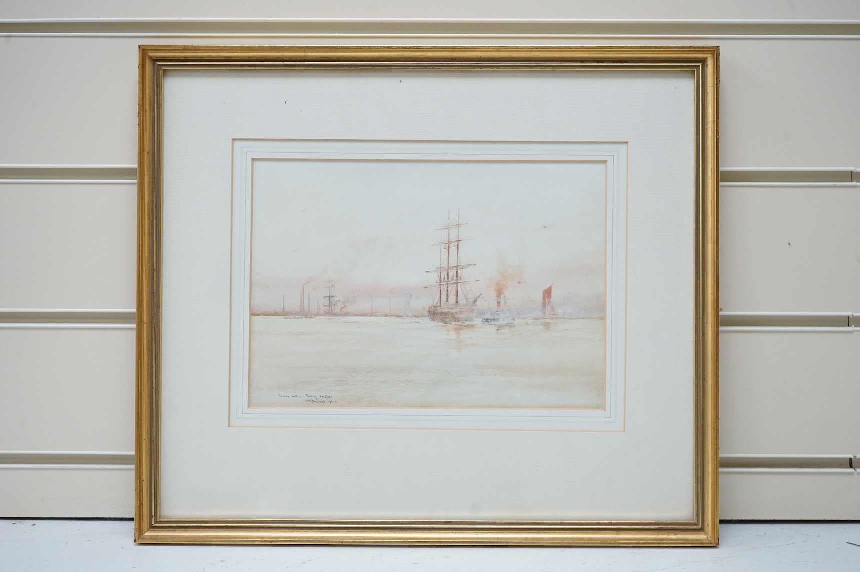 William Minshall Birchall (1884-1941), watercolour, ‘Towing out passing Purfleet, 1921’, signed, inscribed and dated, 17 x 23cm
